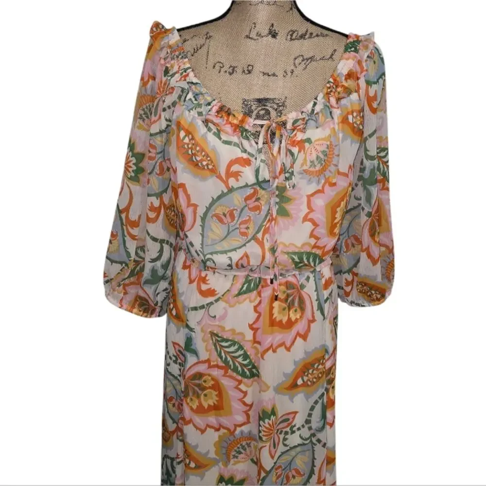 1. State Floral Cream & Orange Floral Boho Peasant Print Women's Midi Dress Plus